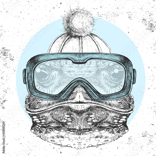 Hipster animal frog in winter hat and snowboard goggles. Hand drawing Muzzle of frog
