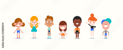 Smiling kids characters isolated. Diversity children standing cartoon vector illustration.