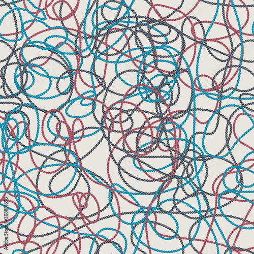 Bold seamless vector texture with messy sewing treads in three colors on light grey background for fabric, scrapbooking and craft projects, gift wraps or wallpaper. Surface pattern design.