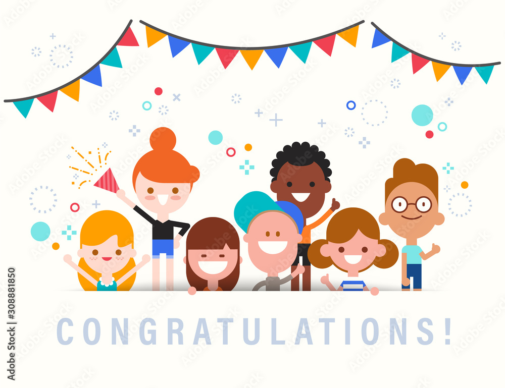 Congratulations! Cute celebration banner with group of diversity kids. flat design style vector cartoon illustration Stock Vector | Adobe Stock Congratulations! Cute celebration banner with group of diversity kids. flat design style vector cartoon illustration Stock Vector | Adobe Stock