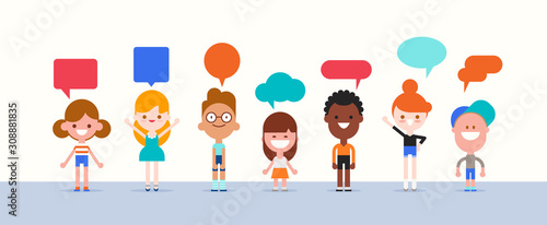 Group of kids with speech bubble character in flat design style isolated. Diversity children cartoon with communication concept vector illustration.