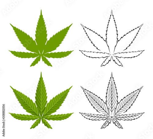 Cannabis leaves set. Green hemp leaf in cartoon flat style, simple silhouette, black and white outline and contour. Collection of vector illustrations isolated on white background.