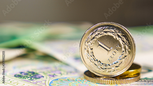 Close up polish zloty banknotes and coins