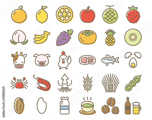 果物・肉・魚・穀物・嗜好品　フードの線画アイコンセット