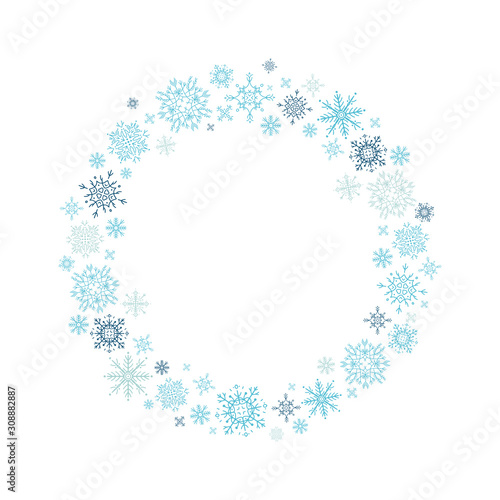 Fototapeta Naklejka Na Ścianę i Meble -  Wreath of hand-drawn blue snowflakes on white background. Perfect for Christmas and New Year postcards and decorations. Cozy, festive mood.