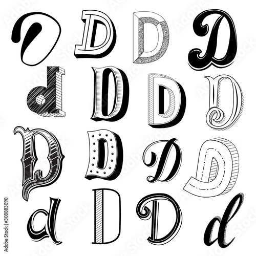 Hand drawn set of different writing styles for letter d