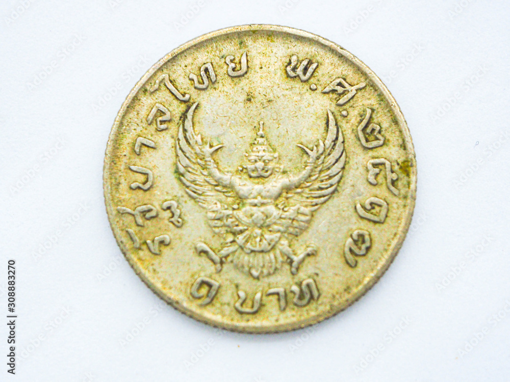 Close up Ancient coin Lucky coin , Thailand coins 1 baht. Garuda coins year 1974 