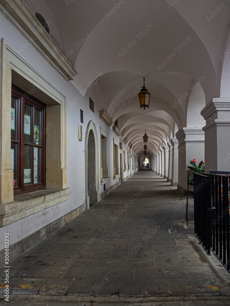 Passage under arcades in the city of Zamość, Polland