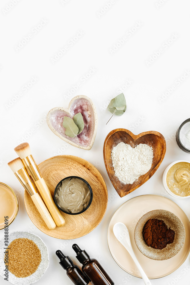 custom made wallpaper toronto digitalBeauty treatment ingredients for making homemade skin care cosmetic mask. Various bowl with clay, cream, essential oil and natural ingredients  on white table background. Organic spa cosmetic products