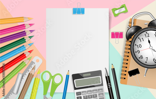 Blank white paper with school supplies on pastel color background, Back to school concept. Vector illustration