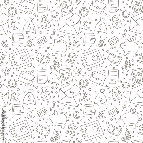 Seamless pattern with money icons in doodle style