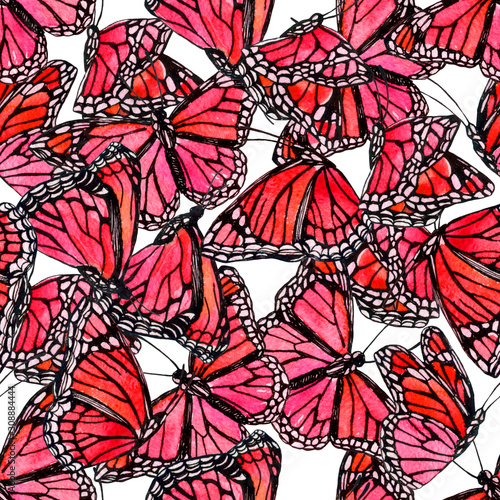 Beautiful watercolor butterflies background. Hand drawn butterfly shapes seam...