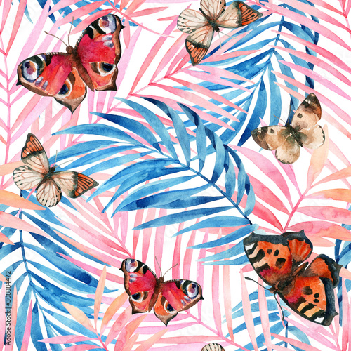 Water color tropical leaves and beautiful butterflies background.