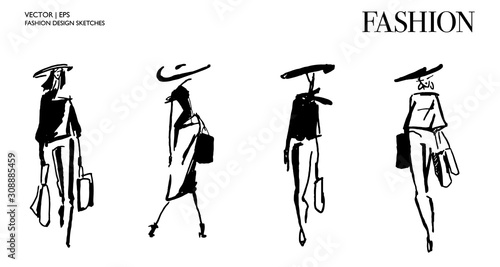 Beautiful fashion women. Hand drawn stylish young lady.  Woman silhouette. Fashion illustration sketch. Black ink drawing. Fashion model posing. Shopping concept.