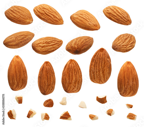 Photographie Close up of Almonds nut with pieces isolated on white