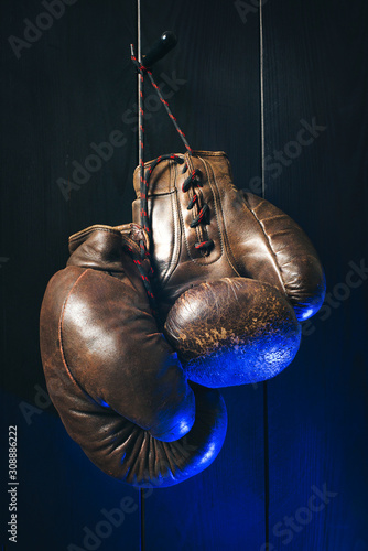 Boxing gloves, hanging on black wooden wall in blue light. Copy space. © a_khachatryan