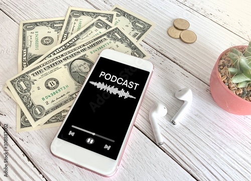 Mobile phone playing Podcast.