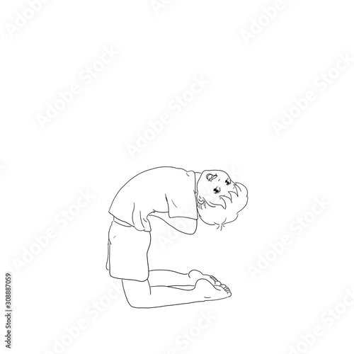 Kids Yoga - Joga f  r Kinder  Asana Kamel  horizontal Banner Design Concept Cartoon. Junge barfu   in Yoga Haltung  macht fr  hliches Gesicht. Yogi Logo auf Hintergrund in wei  .