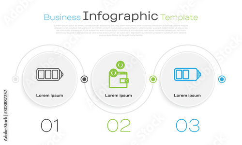 Set line Battery charge level indicator, Wallet with coins and Battery charge level indicator. Business infographic template. Vector