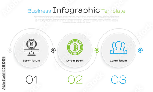 Set line Computer monitor with pound sterling symbol, Cryptocurrency coin Bitcoin and Users group. Business infographic template. Vector