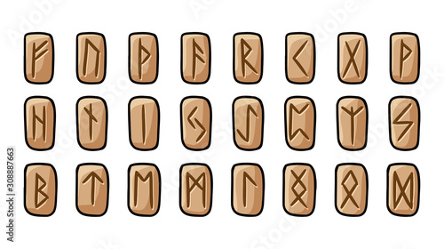 Set of wooden runes. Collection of hand drawn doodles of carved runic symbols on wood. Vector illustration of celtic glyphs