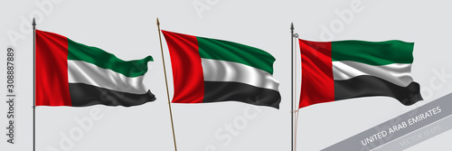 Set of United Arab Emirates waving flag on isolated background vector illustration