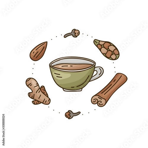 Color cartoon cup with isolated spices. Round doodle template for Masala tea with cinnamon, ginger, cardamom. Hand drawn vector food concept. Line art illustration for card, sticker, poster
