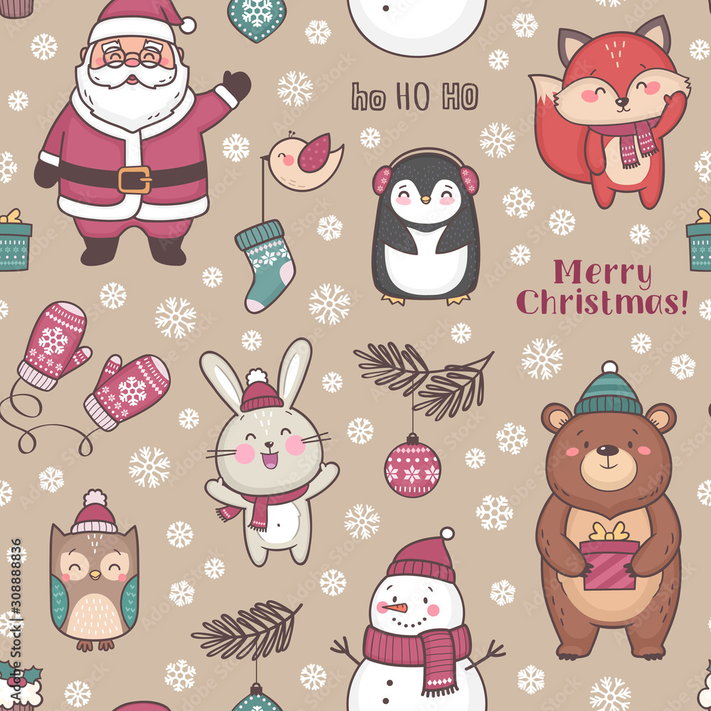 Vector seamless pattern with cute characters for Christmas and New Year celebration, colorful festive background