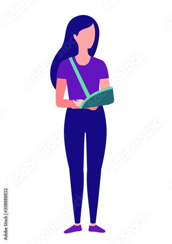 Ingured woman with broken arm vector simple flat illustration