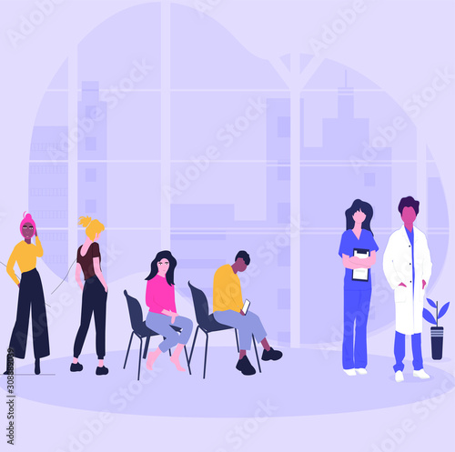 people sitting in chairs and waiting for doctor's appointment time at hospital. Men and women at physician's office or clinic. Colorful vector illustration in modern flat cartoon style.