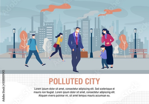 Sad People and Children Characters Wearing Protective Face Masks on Street in Polluted City Flat Warning Banner. Air Pollution from Factory Pipes Emitting Industrial Smoke. Vector Cartoon Illustration
