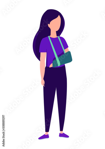 Young woman with broken arm vector simple flat illustration