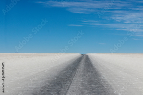 Tracks on the salt at the salar of Uyuni in Bolivia