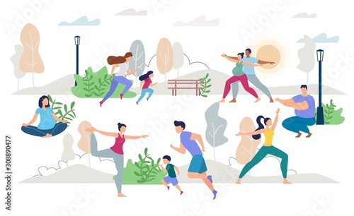 Healthy Lifestyle People Characters Vector Scene Flat Set. Man Woman, Children, Young Family, Pregnant Wife Husband, Lady Waiting for Childbirth Doing Yoga, Jogging, Training on Fresh Air Illustration