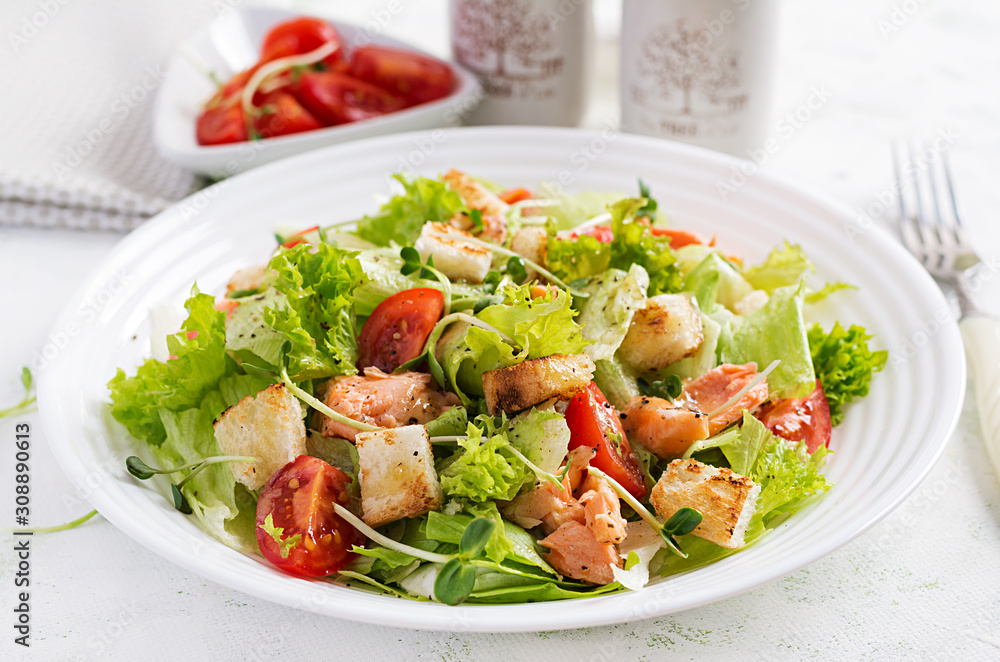 Caesar Salad with Salmon. Fish menu. Seafood - salmon. Caesar Salad with Salmon. Fish menu. Seafood - salmon.