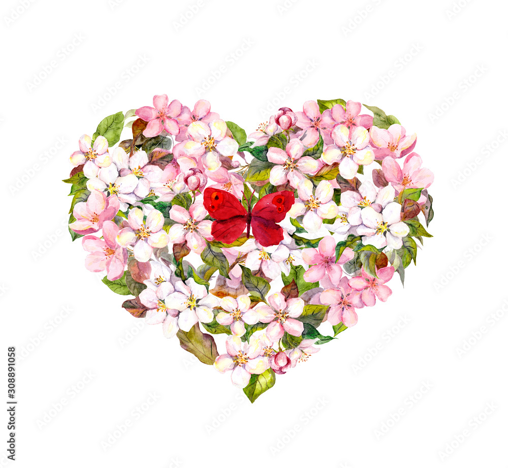 Heart with pink flowers - cherry blossom, sakura with red butterfly. Floral watercolor Heart with pink flowers - cherry blossom, sakura with red butterfly. Floral watercolor