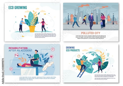 City Air Pollution, Rehabilitation after Accident, Eco Food Products and Plants Growing Banner Set. Social Problem and Alternative Solutions. Planet and Human Health Safety. Vector Flat Illustration