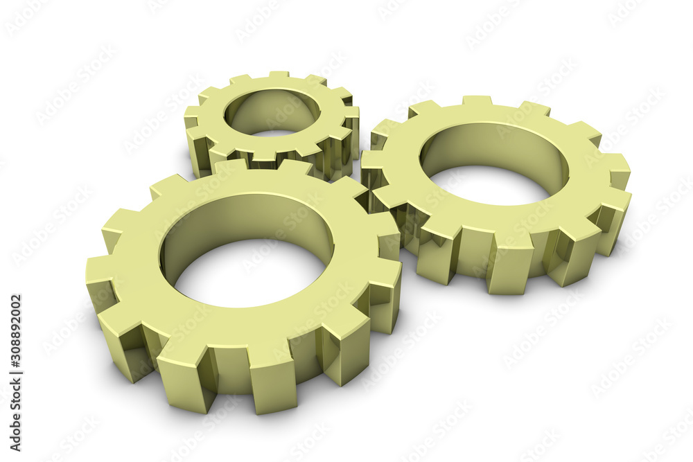 Gears - Golden Metallic 3D Illustration - Isolated On White Background Gears - Golden Metallic 3D Illustration - Isolated On White Background