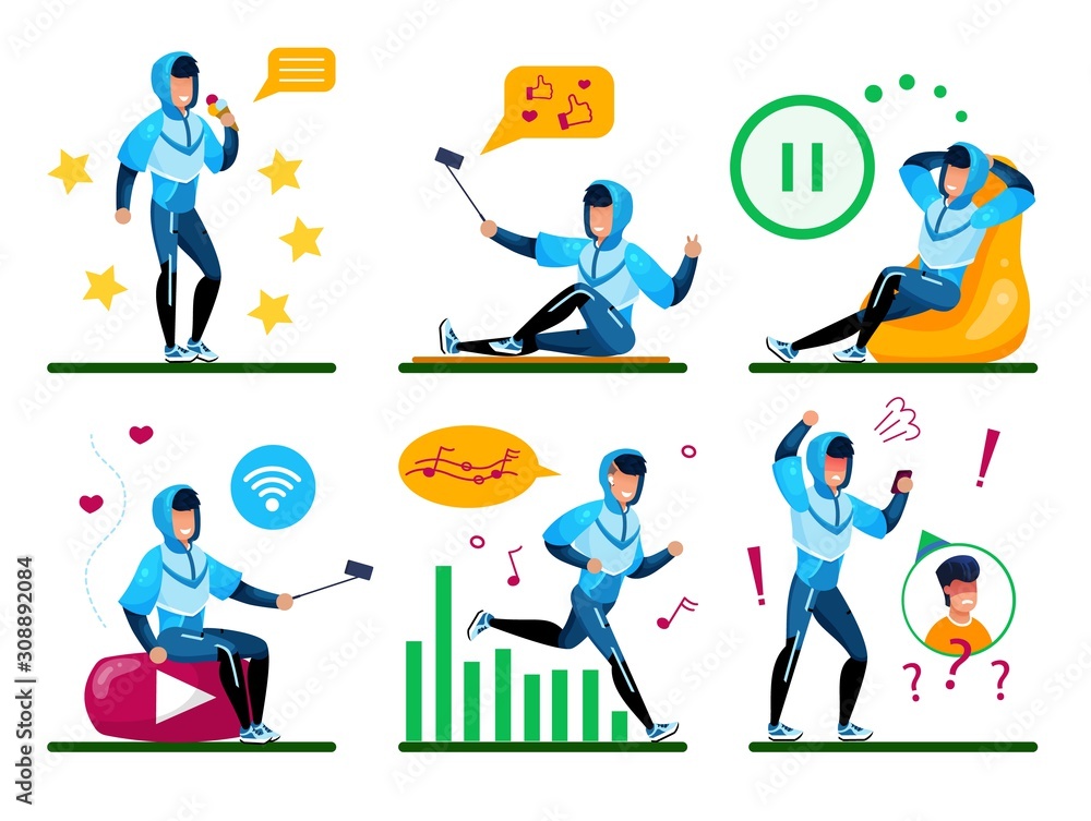 Modern Young Man, Male Teenager Daily Routine Trendy Flat Vector Concept Set. Guy in Tracksuit Listening Music While Jogging, Shooting Mobile Photos and Videos, Relaxing, Talking on Phone Illustration