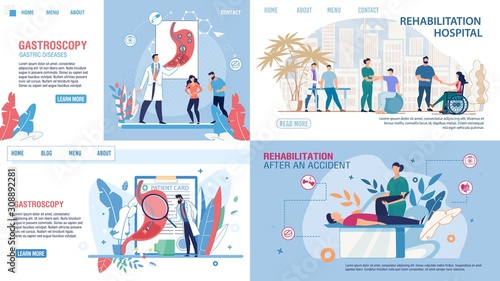 Flat Medical Landing Page Set Offer Gastroscopy Test and Rehabilitation. Musculoskeletal System and Muscle Tissue Recovery after Injury, Accident. Vector Cartoon Doctors and Patients Illustration