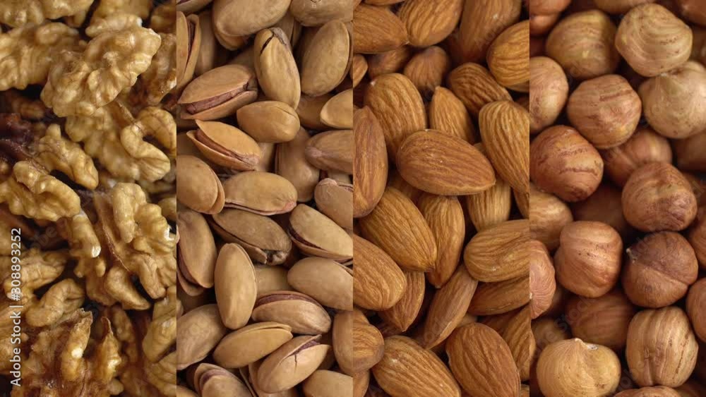 Collage of kernels of nuts. Macro. Clockwise rotation. 4K. Collage of kernels of nuts. Macro. Clockwise rotation. 4K.