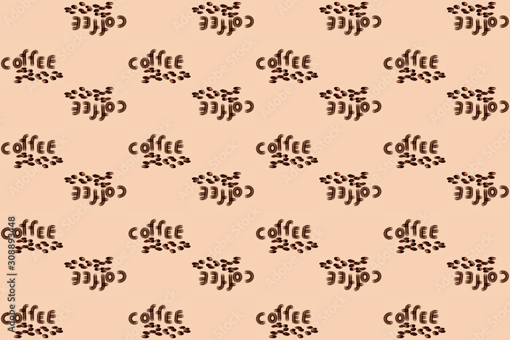 Seamless pattern hand drawing of the word coffee and coffee bean on brown