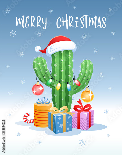 Merry Christmas. Greeting card with a cactus, gifts and Christmas light. Vector illustration.