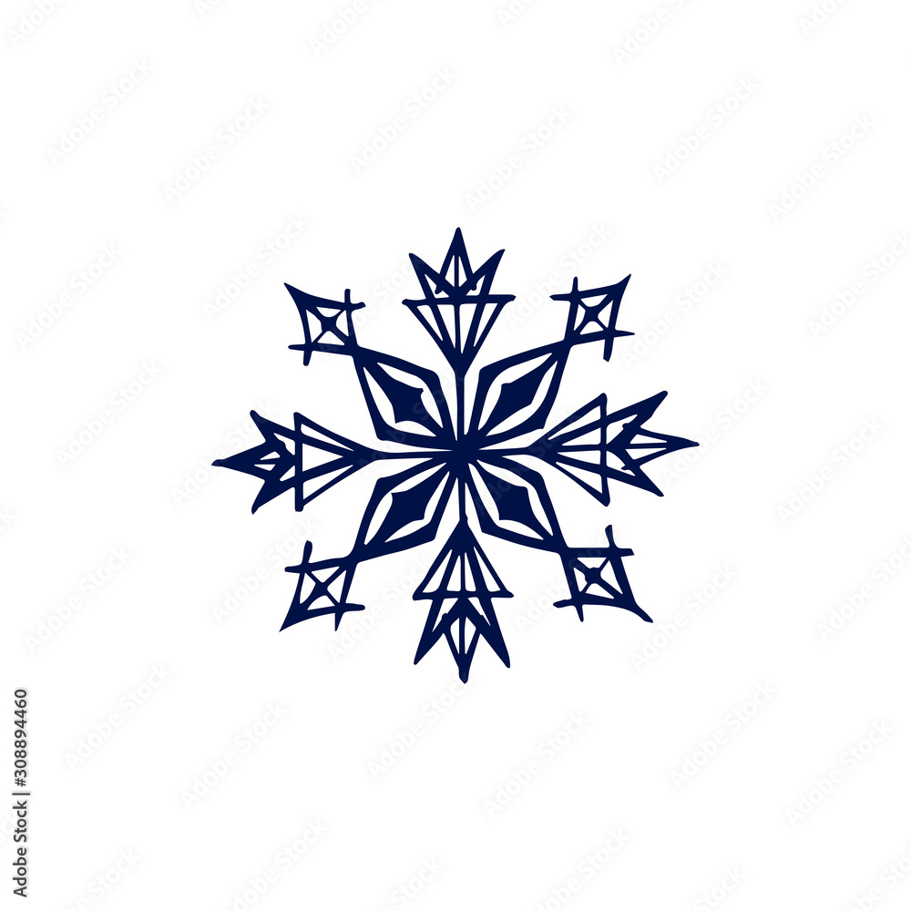 Hand drawn dark blue snowflake isolated on white Hand drawn dark blue snowflake isolated on white
