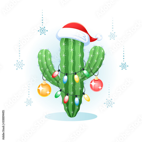 Christmas greeting card with a cactus and Christmas light. Vector illustration.