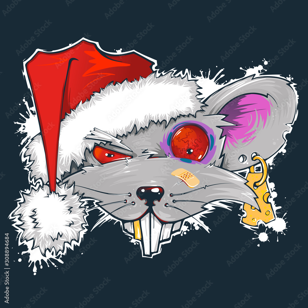 Naklejka premium The rat in Santa's hat. Symbol of the year 2020 according to the Chinese calendar