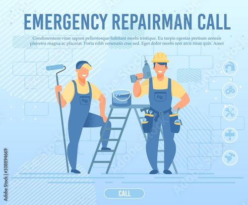 Emergency Repairman Team Call Flat Webpage Banner