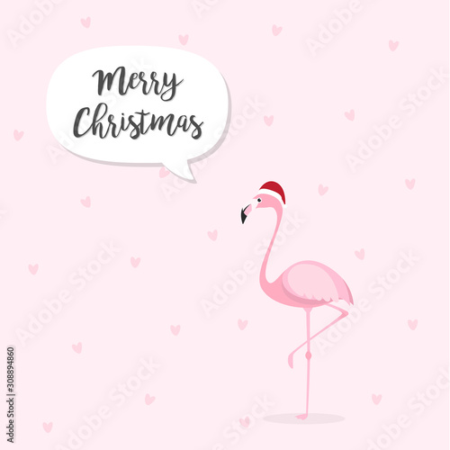 Happy New Year and Merry Christmas invitation card with Pink flamingo vector illustration. Cute flamingo bird cartoon character wearing Santa Claus hat on pastel pink background. © qoolio