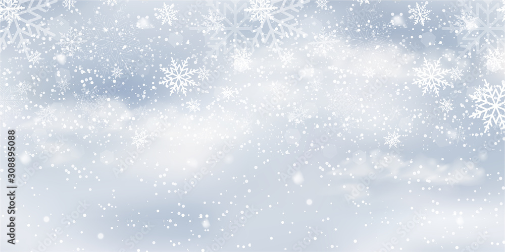 Christmas background with falling on blue sky. Xmas card. Vector