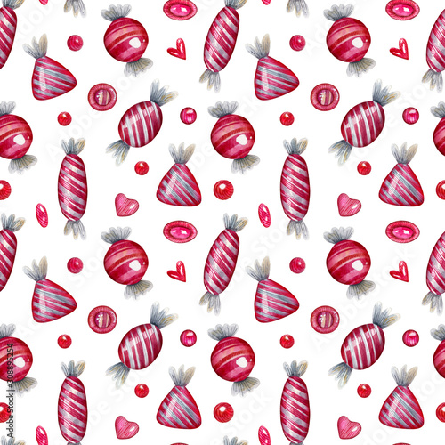 Watercolor seamless pattern with sweets and candies. Bright background for textiles, wrapping paper and postcards.